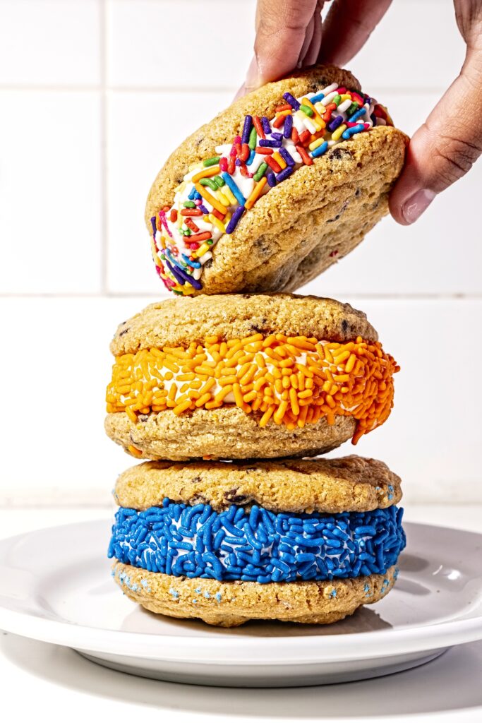 Stack of gelato chocolate chip cookie sandwiches